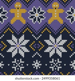 Christmas knitted seamless pattern. Winter background for ugly sweater or any knit wear design, fair isle style. Vector illustration