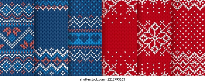 Christmas knitted seamless patterns. Blue and red knit border. Sweater texture. Fair isle traditional backgrounds. Set holiday ornaments. Festive crochet. Wool pullover frame. Vector illustration