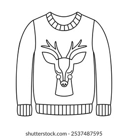 Christmas knitted sweater with deer. Doodle style winter clothes. New year cozy winter pullover. Hand drawn black and white isolated vector illustration