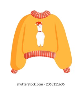 Christmas knitted sweater or jumper with llama print for postcard, poster, poster. Cute New Year and Christmas vector illustration in flat style.