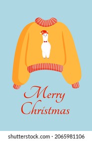 Christmas knitted sweater or jumper with llama print for postcard, poster, poster. Cute New Year and Christmas vector illustration in flat style.