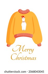 Christmas knitted sweater or jumper with llama print for postcard, poster, poster. Cute New Year and Christmas vector illustration in flat style
