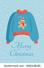 Christmas knitted sweater or jumper with a print of a gingerbread man in the snow for a postcard, poster, poster. Cute New Year and Christmas vector illustration in flat style