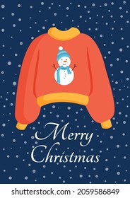 Christmas knitted sweater or jumper with snowmobile print in the snow for postcard, poster, poster. Cute New Year and Christmas vector illustration in flat style