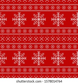 Christmas knitted sweater, seamless pattern. White snowflakes on a red background. Traditional scandinavian ornament. Vector illustration.