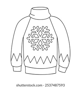 Christmas knitted sweater with snowflake. Doodle style winter clothes. New year cozy winter pullover. Hand drawn black and white isolated vector illustration