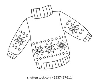 Christmas knitted sweater with stars. Doodle style winter clothes. New year cozy winter pullover. Hand drawn black and white isolated vector illustration