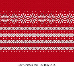 Christmas knitted sweater texture. Xmas winter knit seamless print. Red holiday pattern. Geometric background with snowflakes. Holiday traditional ornament. Festive crochet. Wool pullover illustration