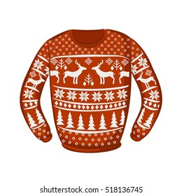 Christmas knitted sweater. Traditional winter pattern with white deer, snowflakes and spruce on a red background.