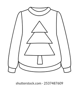 Christmas knitted sweater with Christmas tree. Doodle style winter clothes. New year cozy winter pullover. Hand drawn black and white isolated vector illustration