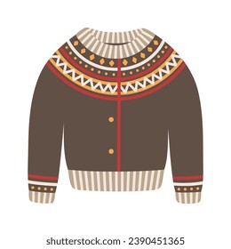 Christmas knitted sweater, vector illustration. Icon of winter holiday jumper with scandinavian ornament. Cute and warm xmas pullover.