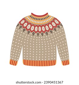 Christmas knitted sweater, vector illustration. Icon of winter holiday jumper with scandinavian ornament. Cute and warm xmas pullover.