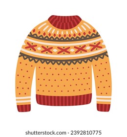 Christmas knitted sweater, vector illustration. Icon of winter holiday jumper with scandinavian ornament. Cute and warm xmas pullover.