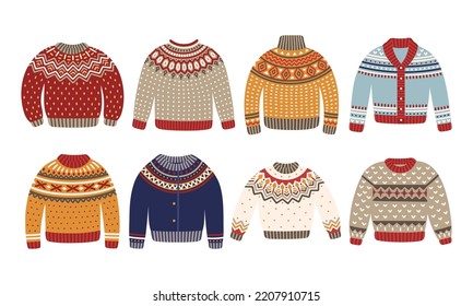 Christmas knitted sweaters set. Winter wool pullovers are decorated with ornaments. Vector Illustration