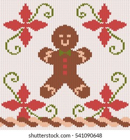 Christmas knitted texture pattern with gingerbread man. Christmas bright festive sweater decoration.