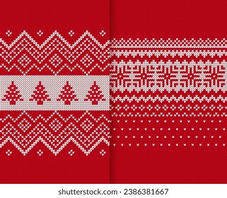 Christmas knitted texture with trees. Knit seamless sweater pattern. Red festive traditional ornament. Xmas print border. Holiday background. Vector illustration.
