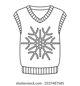 Christmas knitted vest with snowflake. Doodle style winter clothes. New year cozy winter vest. Hand drawn black and white isolated vector illustration