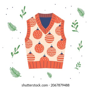 Christmas Knitted Vest with Xmas Balls Pattern. Traditional Ugly Sweater Isolated on White Background. Knitted Winter Xmas Pullover with Funny Ornament, Scandinavian Decor. Cartoon Vector Illustration