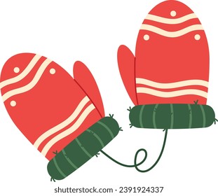 Christmas knitted woolen mittens on a string. Pair of red mittens with striped pattern and green elements. Cartoon vector isolated winter illustration