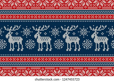 Christmas Knitting Pattern with Elks and Snowflakes. Scheme for Wool Knit Winter Holiday Sweater Seamless Pattern Design or Cross Stitch Embroidery