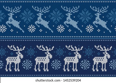 Christmas Knitting Pattern with Reindeer and Elk. Scheme for Wool Knit Winter Holiday Sweater Seamless Pattern Design or Cross Stitch Embroidery.