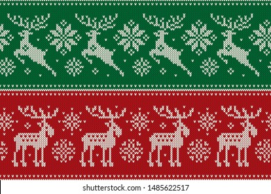 Christmas Knitting Pattern with Reindeer and Elk. Scheme for Wool Knit Winter Holiday Sweater Seamless Pattern Design or Cross Stitch Embroidery