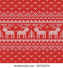Christmas knitting seamless pattern with deer and fir trees. Perfect for wallpaper, wrapping paper, pattern fills, winter greetings, web page background, New Year greeting cards