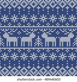 Christmas knitting seamless pattern with deers and fir trees. Perfect for wallpaper, wrapping paper, pattern fills, winter greetings, web page background, New Year greeting cards
