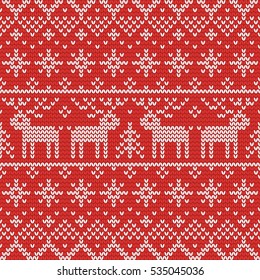Christmas knitting seamless pattern with deers and fir trees. Perfect for wallpaper, wrapping paper, pattern fills, winter greetings, web page background, Christmas and New Year greeting cards