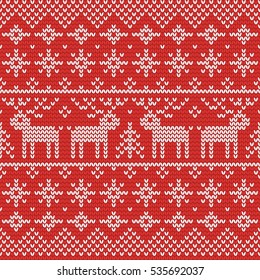 Christmas knitting seamless pattern with deers and fir trees. Perfect for wallpaper, wrapping paper, pattern fills, winter greetings, web page background, Christmas and New Year greeting cards