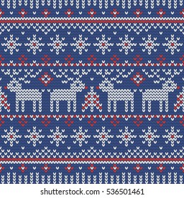 Christmas knitting seamless pattern with deers and fir trees. Perfect for wallpaper, wrapping paper, pattern fills, winter greetings, web page background, Christmas and New Year greeting cards