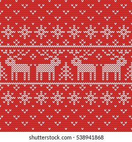 Christmas knitting seamless pattern with deers and fir trees. Perfect for wallpaper, wrapping paper, pattern fills, winter greetings, web page background, Christmas and New Year greeting cards
