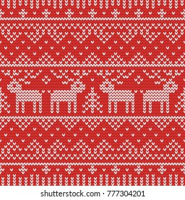 Christmas knitting seamless pattern with deers, stripes and zig zag. Perfect for wallpaper, wrapping paper, web page background, New Year greeting cards
