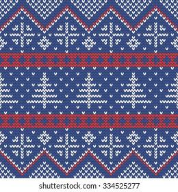 Christmas knitting seamless pattern with fir trees in Red, Dark Blue and White. Perfect for wallpaper, wrapping paper, pattern fills, winter greetings, Christmas and New Year greeting cards