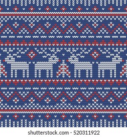 Christmas knitting seamless pattern with fir tree and deer. Perfect for wallpaper, wrapping paper, pattern fills, winter greetings, web page background, Christmas and New Year greeting cards