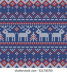 Christmas knitting seamless pattern with fir trees and deers. Perfect for wallpaper, wrapping paper, web page background, winter or New Year greeting cards
