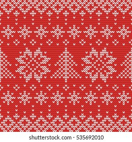 Christmas knitting seamless pattern with fir trees and stars. Perfect for wallpaper, wrapping paper, pattern fills, winter greetings, web page background, Christmas and New Year greeting cards
