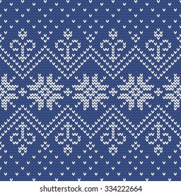 Christmas knitting seamless pattern with nordic motifs in Dark Blue and White. Perfect for wallpaper, wrapping paper, pattern fills, winter greetings, Christmas and New Year greeting cards