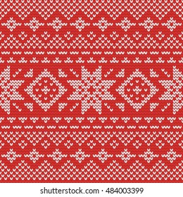 Christmas knitting seamless pattern with nordic ornaments in Red and White. Perfect for wallpaper, wrapping paper, pattern fills, winter greetings, New Year greeting cards