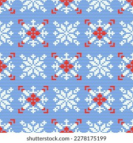 Christmas knitting seamless pattern on white background, cartoon character hand drawn illustration, design for texture, fabric, clothing, wrapping paper, decoration, print.