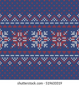 Christmas knitting seamless pattern in Red, Blue and White. Perfect for wallpaper, wrapping paper, pattern fills, winter greetings, web page background, Christmas and New Year greeting cards