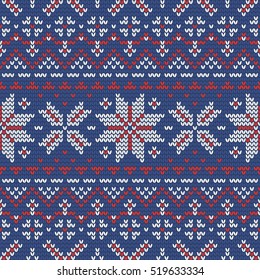 Christmas knitting seamless pattern in Red, Blue and White. Perfect for wallpaper, wrapping paper, pattern fills, winter greetings, web page background, Christmas and New Year greeting cards