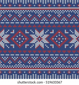 Christmas knitting seamless pattern in Red, Blue and White. Perfect for wallpaper, wrapping paper, pattern fills, winter greetings, web page background, Christmas and New Year greeting cards