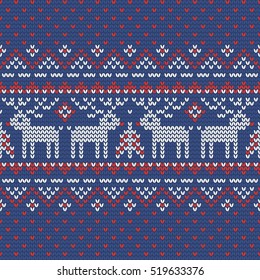 Christmas knitting seamless pattern in Red, Blue and White. Perfect for wallpaper, wrapping paper, pattern fills, winter greetings, web page background, Christmas and New Year greeting cards