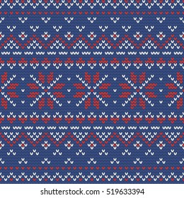 Christmas knitting seamless pattern in Red, Blue and White. Perfect for wallpaper, wrapping paper, pattern fills, winter greetings, web page background, Christmas and New Year greeting cards