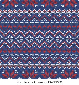 Christmas knitting seamless pattern in Red, Blue and White. Perfect for wallpaper, wrapping paper, pattern fills, winter greetings, web page background, Christmas and New Year greeting cards