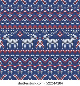 Christmas knitting seamless pattern in Red, Blue and White. Perfect for wallpaper, wrapping paper, pattern fills, winter greetings, web page background, Christmas and New Year greeting cards