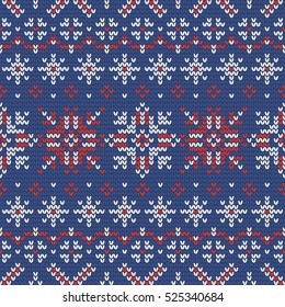 Christmas knitting seamless pattern in Red, Blue and White. Perfect for wallpaper, wrapping paper, pattern fills, winter greetings, web page background, Christmas and New Year greeting cards
