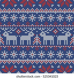 Christmas knitting seamless pattern in Red, Blue and White. Perfect for wallpaper, wrapping paper, pattern fills, winter greetings, web page background, Christmas and New Year greeting cards