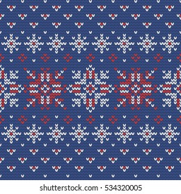 Christmas knitting seamless pattern in Red, Blue and White. Perfect for wallpaper, wrapping paper, pattern fills, winter greetings, web page background, Christmas and New Year greeting cards